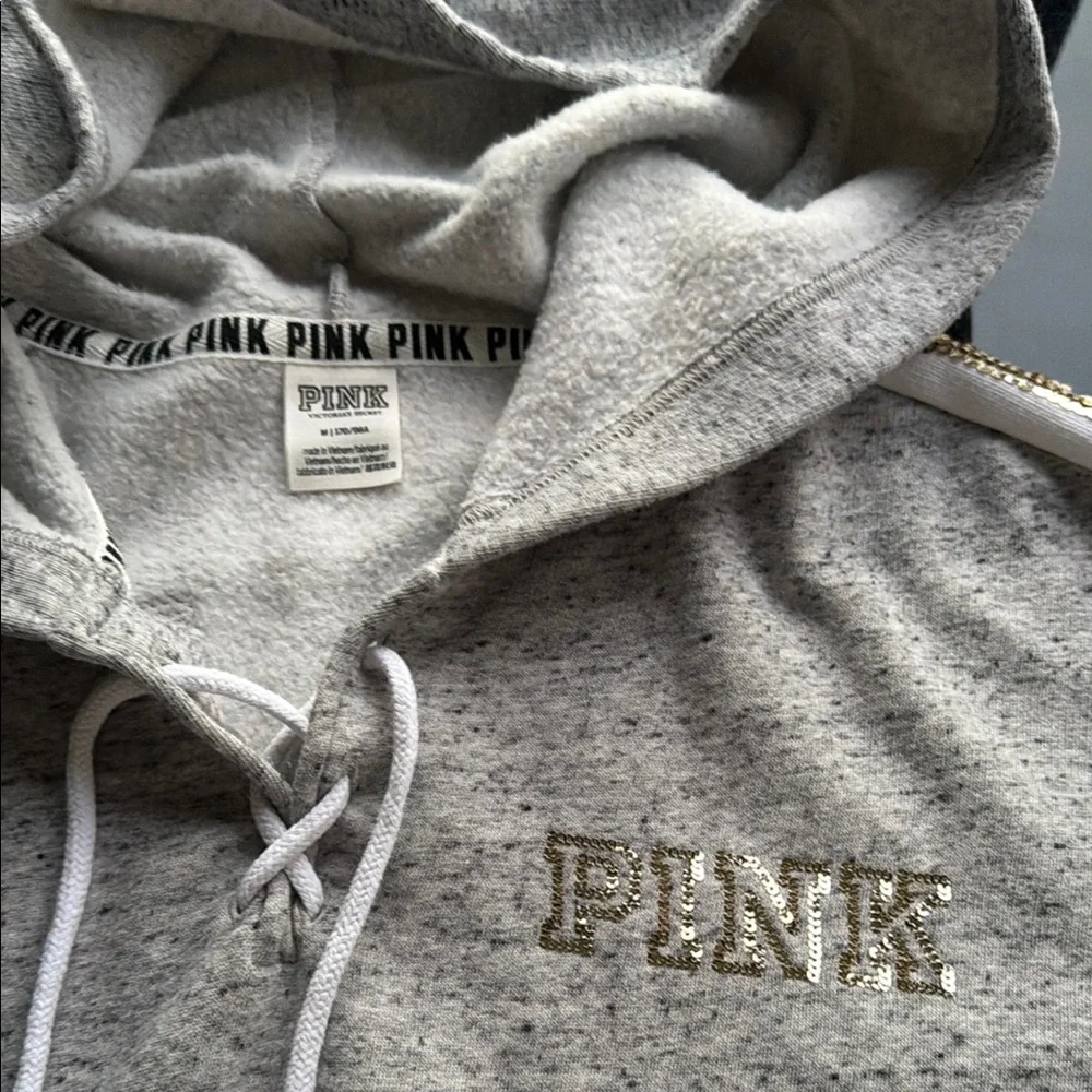 PINK Gold & Roses Sequin Heather Gray Hoodie with Gold Sequin Stripe - Picture 4 of 10
